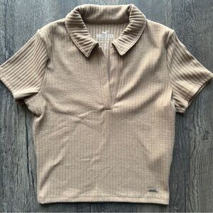 Hollister | Ribbed Throwback Retro Collared Polo Crop Top Small Tan Neutral